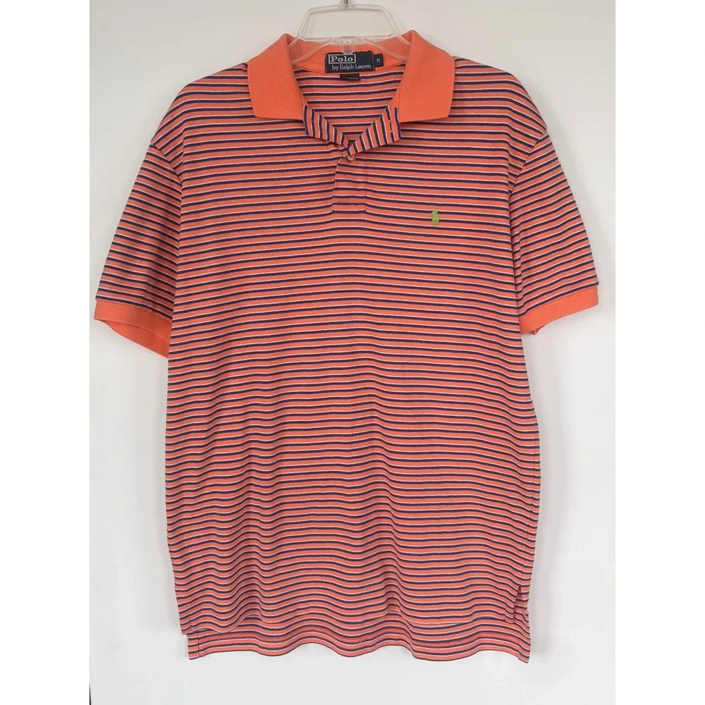 Polo Ralph Lauren Mens Medium Orange Navy Striped Short Sleeve Polo Shirt Cotton